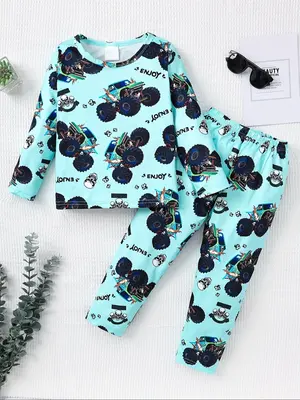 Two-piece Set Boy's Car Print Tee & Pants Set, Casual Round Neck Long Sleeve Top & Trousers for Spring & Fall, Kids Clothes f...