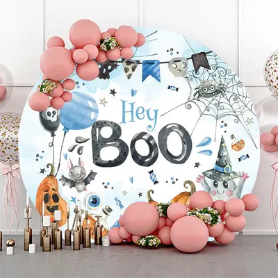 Aperturee Hey Boo Bat Spider Round Halloween Baby Shower Backdrop | Custom Round Backdrop Cover | Circle Party Backdrop | Rou...