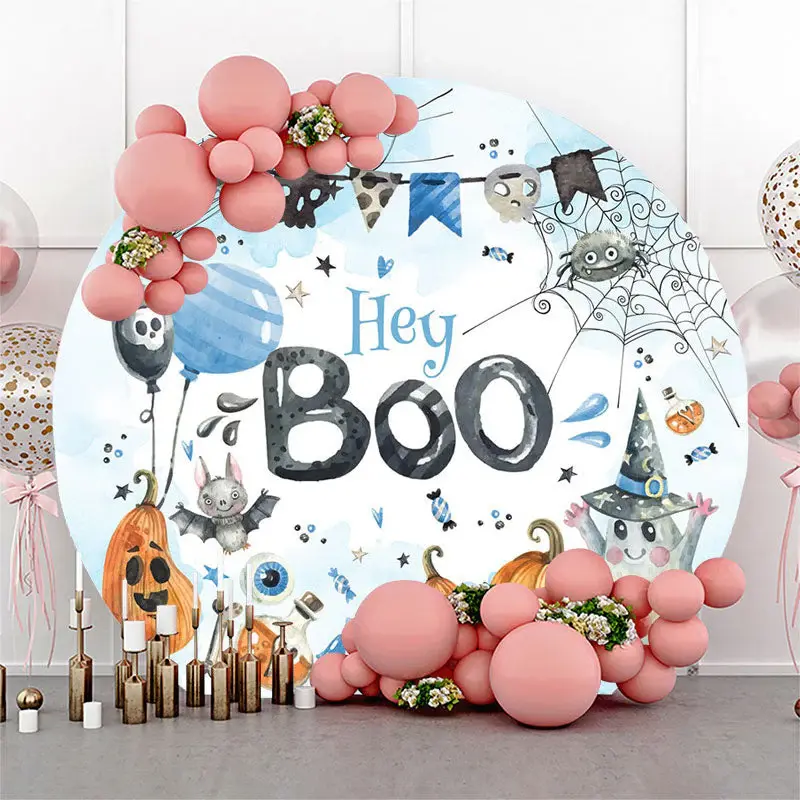 Aperturee Hey Boo Bat Spider Round Halloween Baby Shower Backdrop | Custom Round Backdrop Cover | Circle Party Backdrop | Rou...