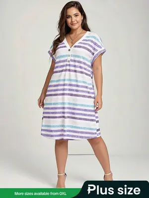 【Plus Size】 Women's Striped Print Vneck Dress, Casual Fit Chic Button Batwing Sleeve Short Dress, Women's Plus Clothing f...