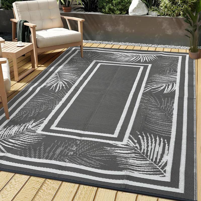 Garvee Outdoor Grey & White 9x12 Camping Rug, Outdoor Waterproof Non-Slip Stain-Resistant Plastic Foldable Travel Picnic Beac...
