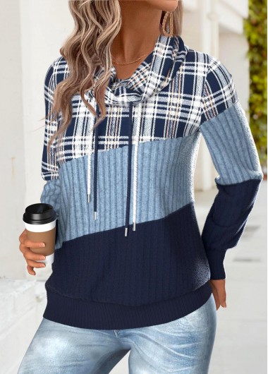 Modlily Blue Tummy Coverage Plaid Long Sleeve Cowl Neck Sweatshirt - XXL