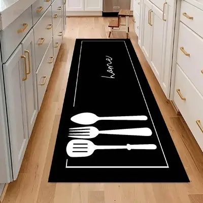 kitchen Ware Knife & Fork Pattern Indoor Carpet, 1 Count Rectangle Home Decorative Mat, Kitchen Anti-slip Simple Rug For Kitc...