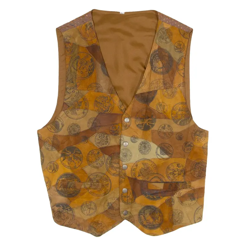 Mens Waistcoat Brown Leather 90s Crazy Pattern L