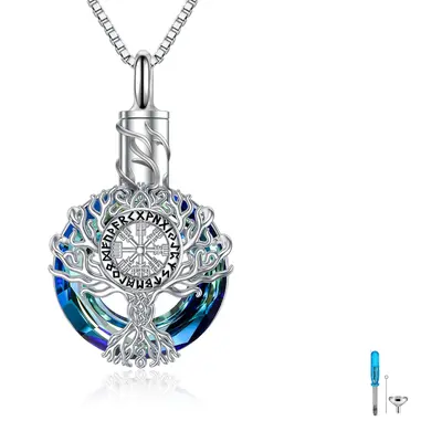 Sterling Silver Circular Shaped Crystal Tree Of Life & Viking Rune Urn Necklace for Ashes