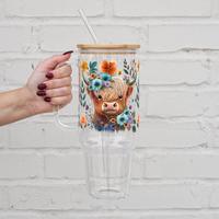 Sip-Sip Hooray! 40oz Cute Floral Highland Cow Glass Tumbler with Lid & Straw – Cow Lover Gift, Reusable Coffee Drinkware, P...