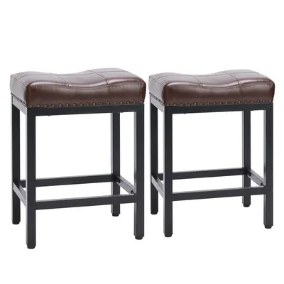 Saddle Bar Stools Set of 2 Counter Height 24-Inch Modern PU Leather Barstools with Metal Base, Footrest, Upholstered Bar Chai...