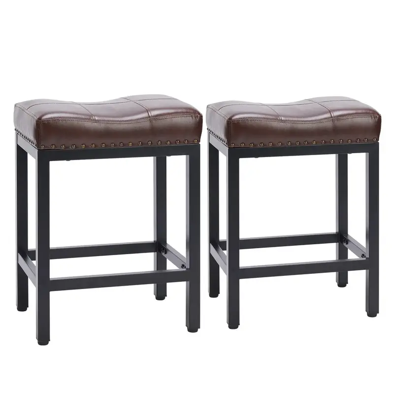 Saddle Bar Stools Set of 2 Counter Height 24-Inch Modern PU Leather Barstools with Metal Base, Footrest, Upholstered Bar Chai...