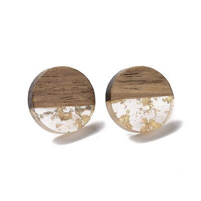 Resin & Walnut Wood Flat Round Stud Earrings with 304 Stainless Steel Pin for Women