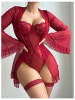 5 Piece Lingerie Set Floral Lace Teddy Bodysuit with Belt Robe Stockings