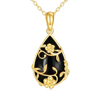 14K Gold Pear Black Onyx Drop Pendant Necklace