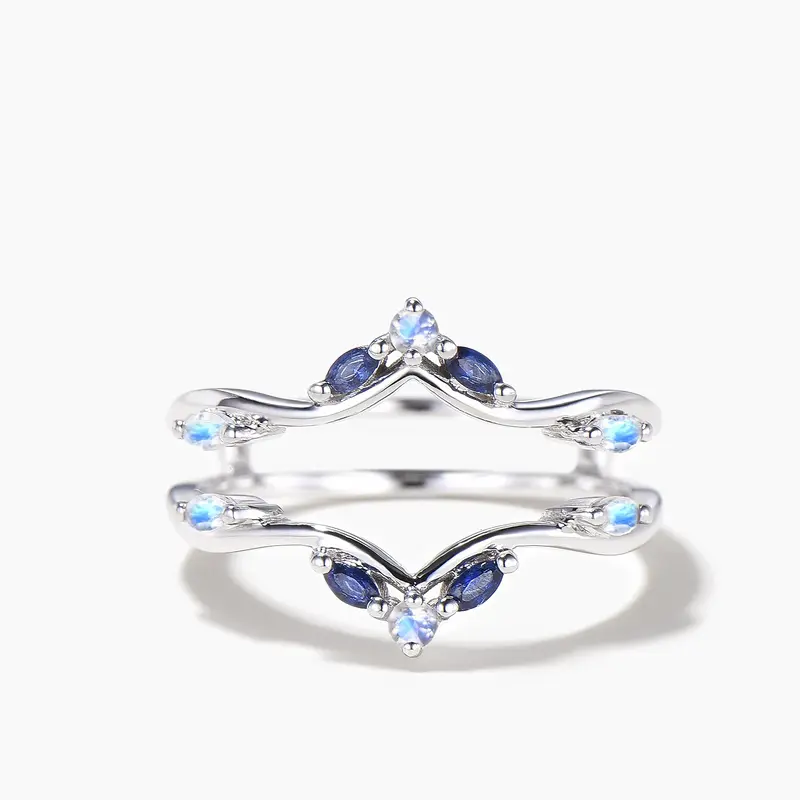 Marquise Cut Sapphire Round Moonstone White Gold Enhancer Wedding Band