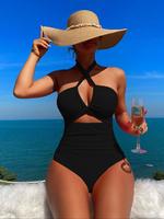Women's Criss Cross Cut Out One-Piece Swimsuit, Chic Ruched Tie Back Halter Swimwear for Beach, Ladies Summer Clothes