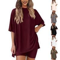 Women's Summer Two-Piece Set 2025  Casual Oversized Shirts Biker Shorts Matching Airport Travel Outfit Split Hem Lounge