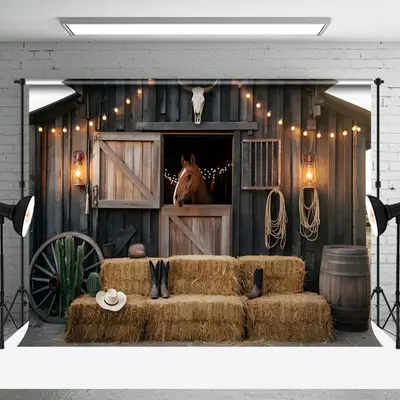 Aperturee Lighted Wooden Stable Hay Cowboy Cake Smash Backdrop, 3X2FT(1MX0.6M), 14 USD, birthday cake smash backdrops, NYHD2I...