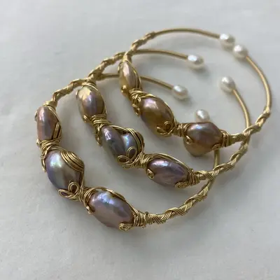 NC000- Aurora Coil | HandâWrapped Freshwater Pearl Bangle â Artisan Wire Cuff, Stackable, Multiple Styles & Colors Availa...