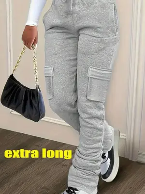 Women's Solid Drawstring Elastic Waist Extra-long Sweatpants, Casual Relaxed Comfortable Flap Pocket Sweat Pants for Fall, Ca...