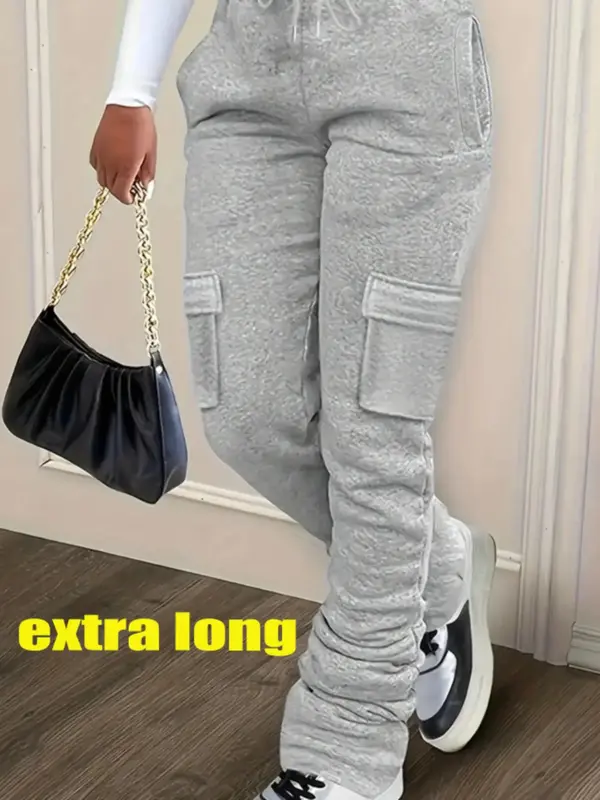 Women's Solid Drawstring Elastic Waist Extra-long Sweatpants, Casual Relaxed Comfortable Flap Pocket Sweat Pants for Fall, Ca...
