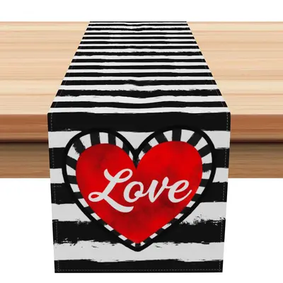Aperturee Stripe Red Love Heart Valentines Day Table Runner | Personalized Table Runners | Custom Table Runner | Seasonal Pri...
