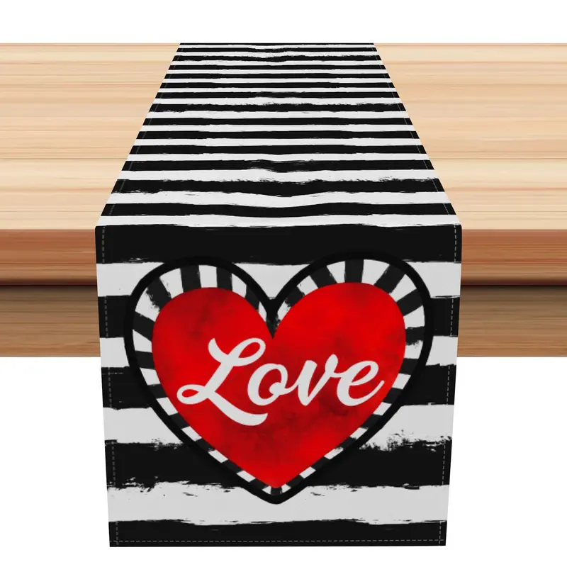 Aperturee Stripe Red Love Heart Valentines Day Table Runner | Personalized Table Runners | Custom Table Runner | Seasonal Pri...