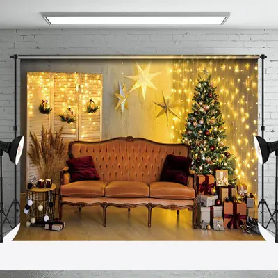 Aperturee Warm Yellow Light Room Sofa Trees Christmas Backdrop