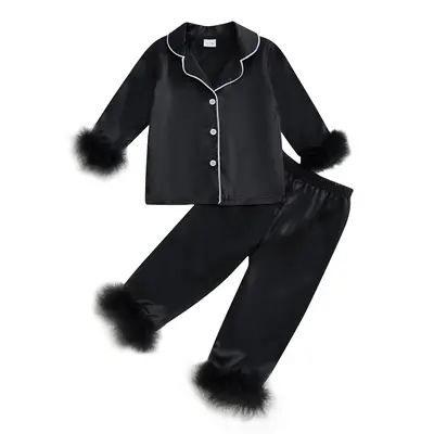 Infant Toddler Baby Girls Satin Pajama Set Fuzzy Trim Long Sleeve Button Down Tops Pants 2 Piece Sleepwear Set