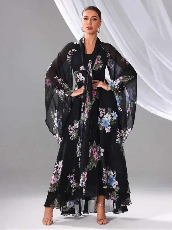 Women's Floral Print Long Sleeve Open Front Kimono Dress, Elegant Modest Maxi Dress for Party Holiday Wedding Guest, Ladies S...
