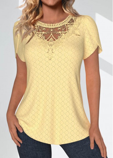 Modlily Light Yellow Lace Short Sleeve Round Neck T Shirt - M
