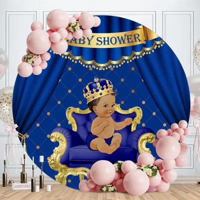 Aperturee Little Prince Navy And Gold Round Baby Shower Backdrop