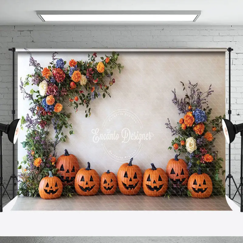 Aperturee White Wall Floral Pumpkins Halloween Photo Backdrop - Aperturee