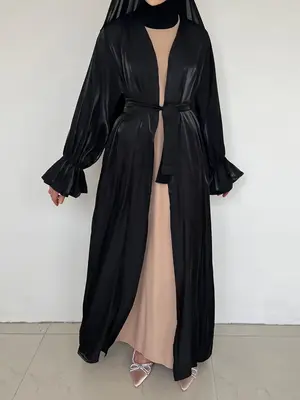 Arabic Clothing-Solid Color Belted Tie Front Abaya, Elegant Casual Bishop Long Sleeve Abaya, Women's Islamic Clothing for Spr...