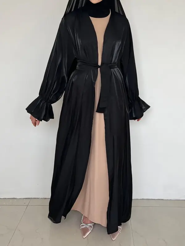 Arabic Clothing-Solid Color Belted Tie Front Abaya, Elegant Casual Bishop Long Sleeve Abaya, Women's Islamic Clothing for Spr...