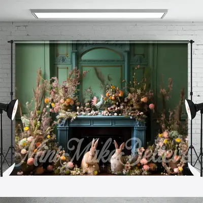 Green Wall Floral Cute Bunny Eggs Easter Backdrop - Aperturee
