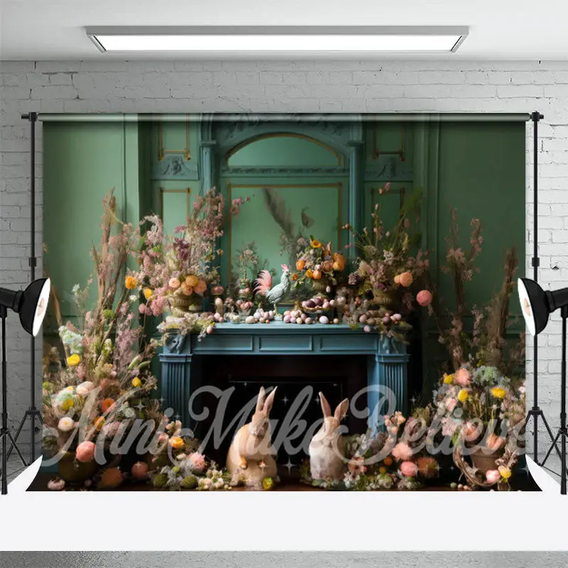 Green Wall Floral Cute Bunny Eggs Easter Backdrop - Aperturee
