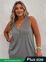 【Plus Size】 Solid Color Button V Neck Tank Top, Casual Sleeveless Top for Summer, Women's Plus Clothing for Daily Wear, W...