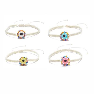 Flat Round with Evil Eye Glass & Resin Braided Bead Bracelet for Women