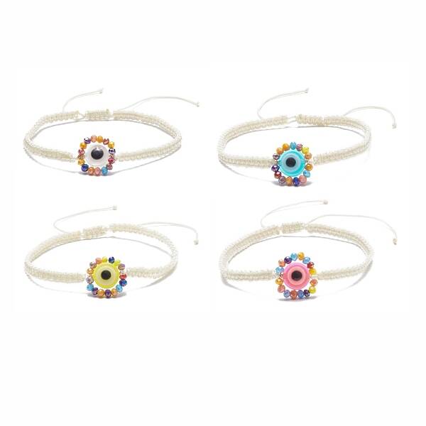 Flat Round with Evil Eye Glass & Resin Braided Bead Bracelet for Women