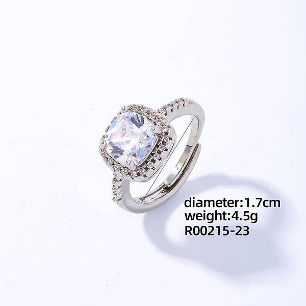Square Platinum Brass Adjustable Ring with Cubic Zirconia