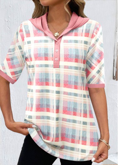 Modlily Light Pink Button Plaid Half Sleeve T Shirt - S