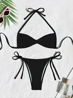 Two-piece Set Women's Plain Bikinis for Summer, Solid Color Halter Tie Back Bikini Top & Tie Side Bikini Bottom, Gothic Bikin...