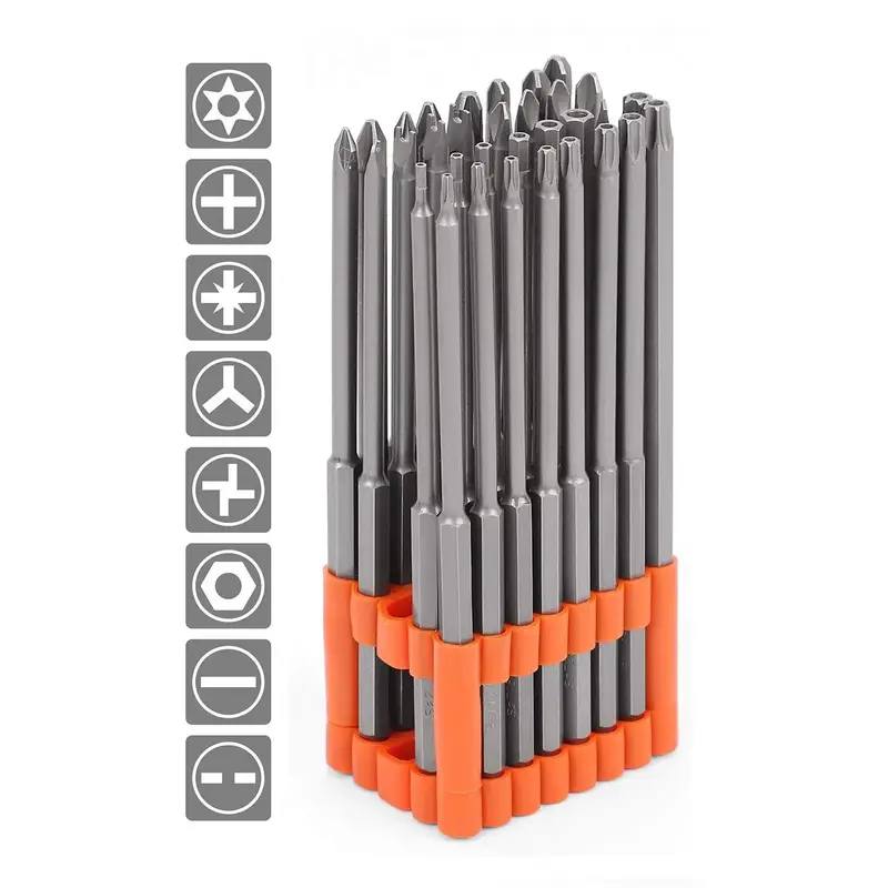 HORUSDY 32-Piece 1/4 Shan Extra Long Security Power Bit Set, 6 Long Tamper Proof Security Bits, S2 Steel.