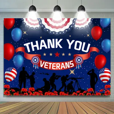 Aperturee Floral Balloon Thank You America Veterans Day Backdrop - Aperturee