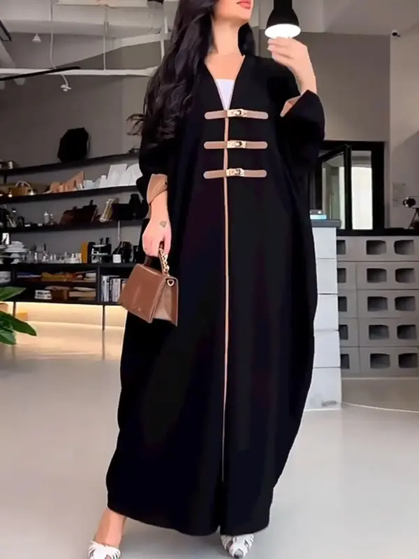 Women's Contrast Binding Buckle Front Abaya, Elegant Long Sleeve Open Front Muslim Abaya for Women, Ladies Islamic Clothing ...