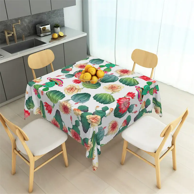 Green Cactus Red Flower Summer Square Tablecloth - Aperturee