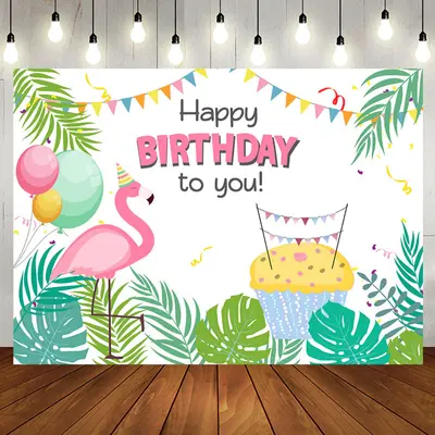 Tropical Green Monstera Flamingo Birthday Backdrop