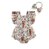 Girls Romper Head Band Suit Summer Fly Sleeve Square Neck Bull Print Romper Bow Headwear 0-24 Months