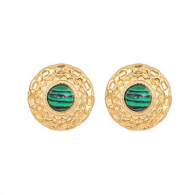 Synthetic Malachite Flat Round Stud Earrings