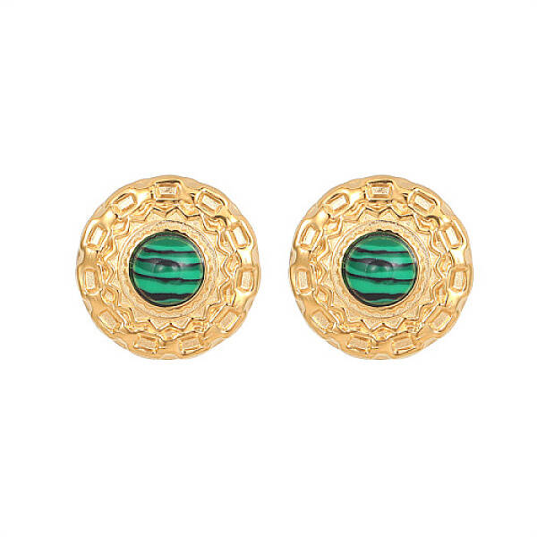 Synthetic Malachite Flat Round Stud Earrings