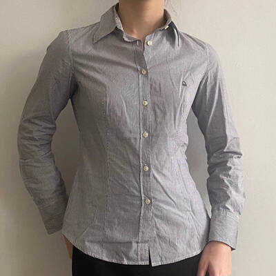 Benetton Striped Shirt - Small Grey Cotton