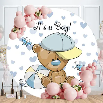 Aperturee Its A Boy Round Blue Bear Baby Shower Backdrop
